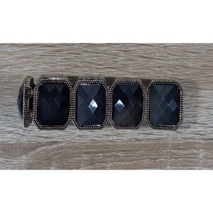 Black Faceted Stone Stretch Bracelet Silver Tone Rhinestone Statement